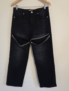 Flying Angel Black Cutout High Rise Wide Leg Jeweled Jeans